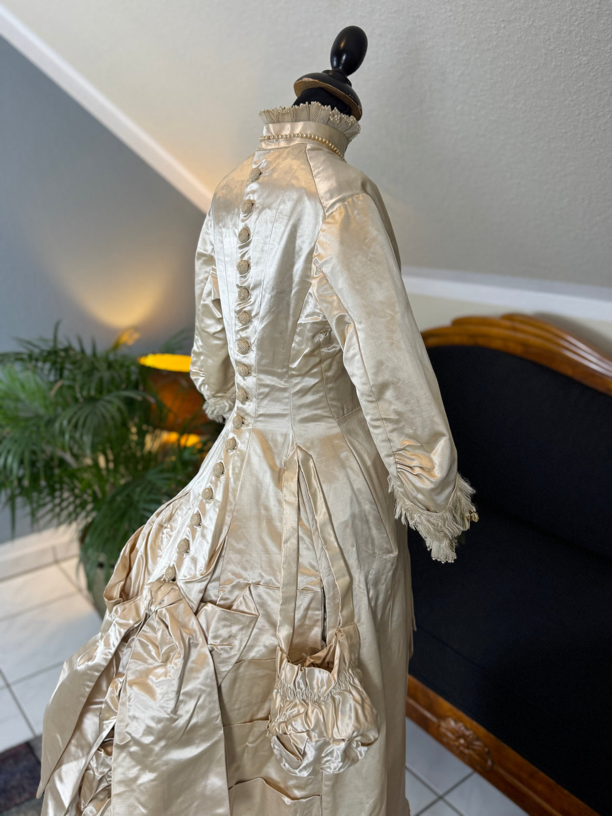 Antique Wedding Dress 1882 – Cream Satin Silk with Pleated Trims, Lace & Faux Pearls, Kate Rimer Provenance