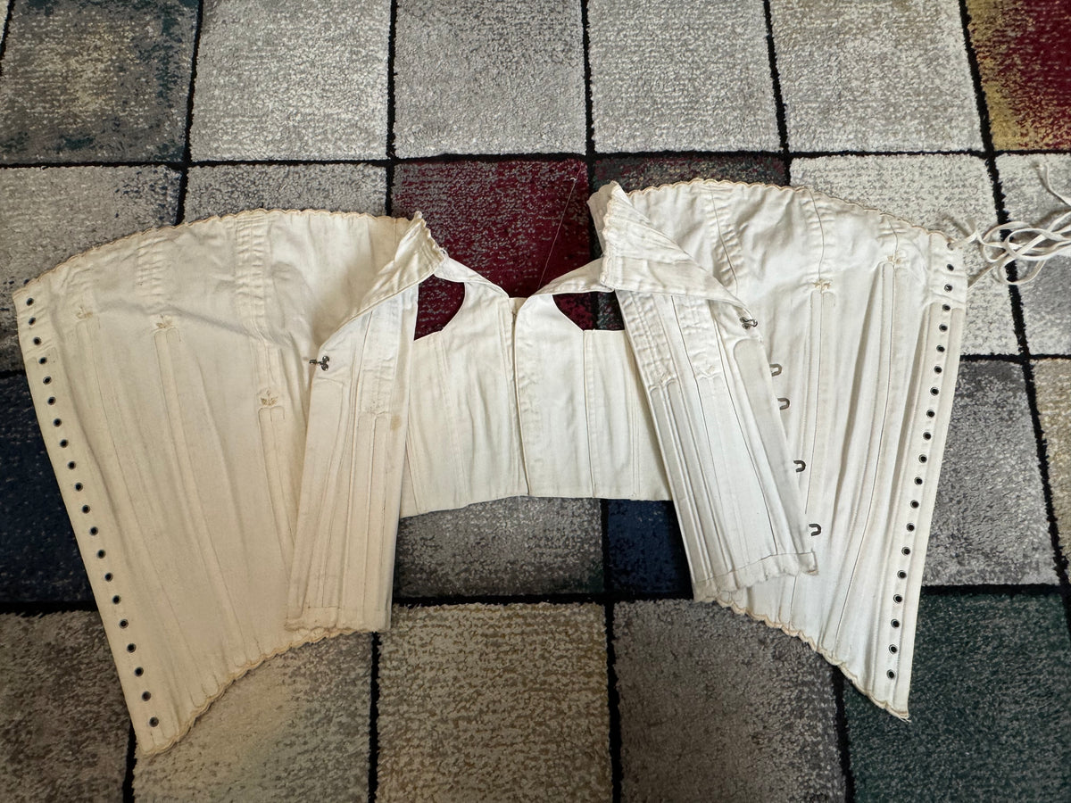 Antique FITU Figureform corset, 1910s England, light colour, front‑hooked and back‑laced