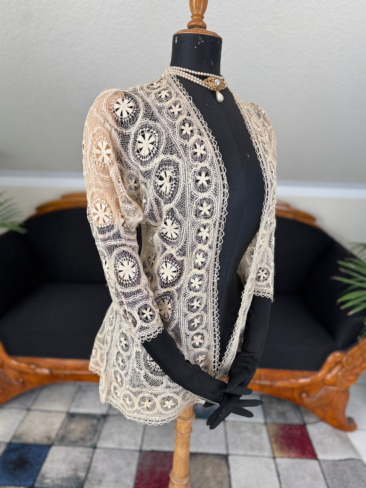 Antique Tenerife lace jacket, ca. 1911, American needle‑lace medallion design in ecru with fine openwork
