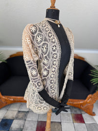 Antique Tenerife lace jacket, ca. 1911, American needle‑lace medallion design in ecru with fine openwork