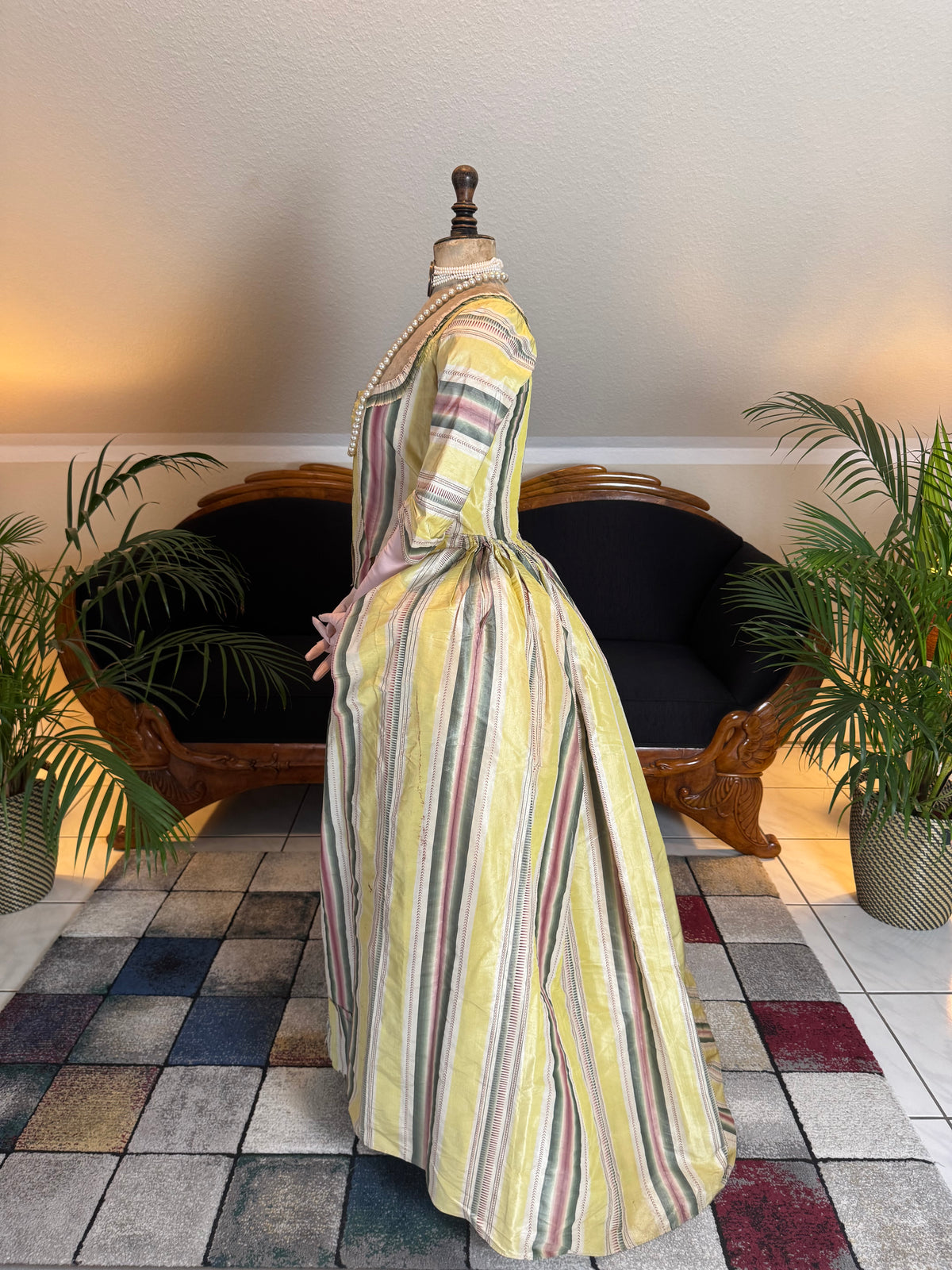 silk taffeta robe à l’anglaise with pink and green stripes, 1770s fashion
