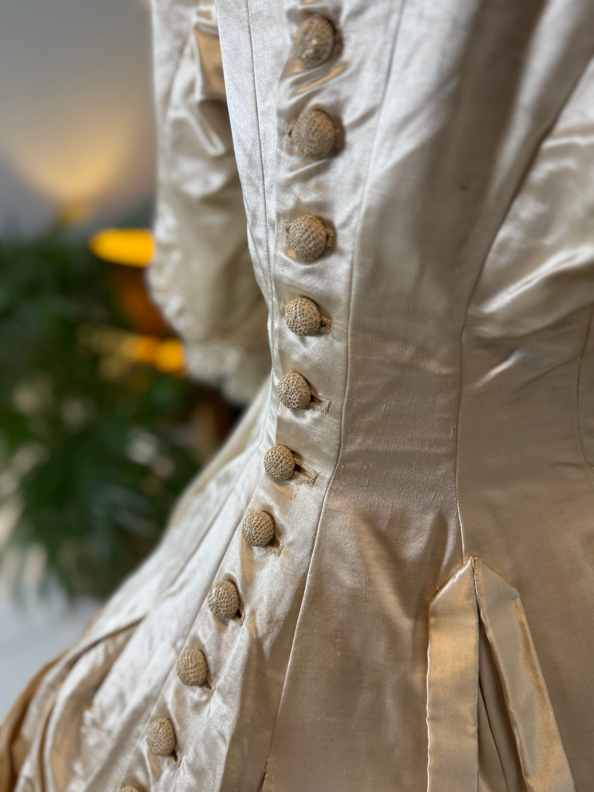 Antique Wedding Dress 1882 – Cream Satin Silk with Pleated Trims, Lace & Faux Pearls, Kate Rimer Provenance