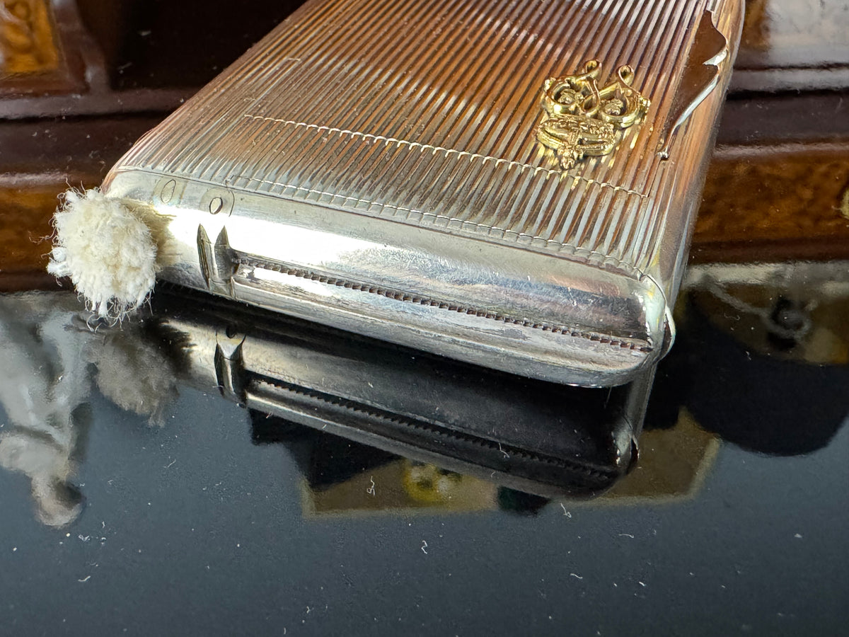 Silver cigarette case of Crown Prince Wilhelm of Prussia with crowned monogram, presentation pin and original caricature in bespoke casket.