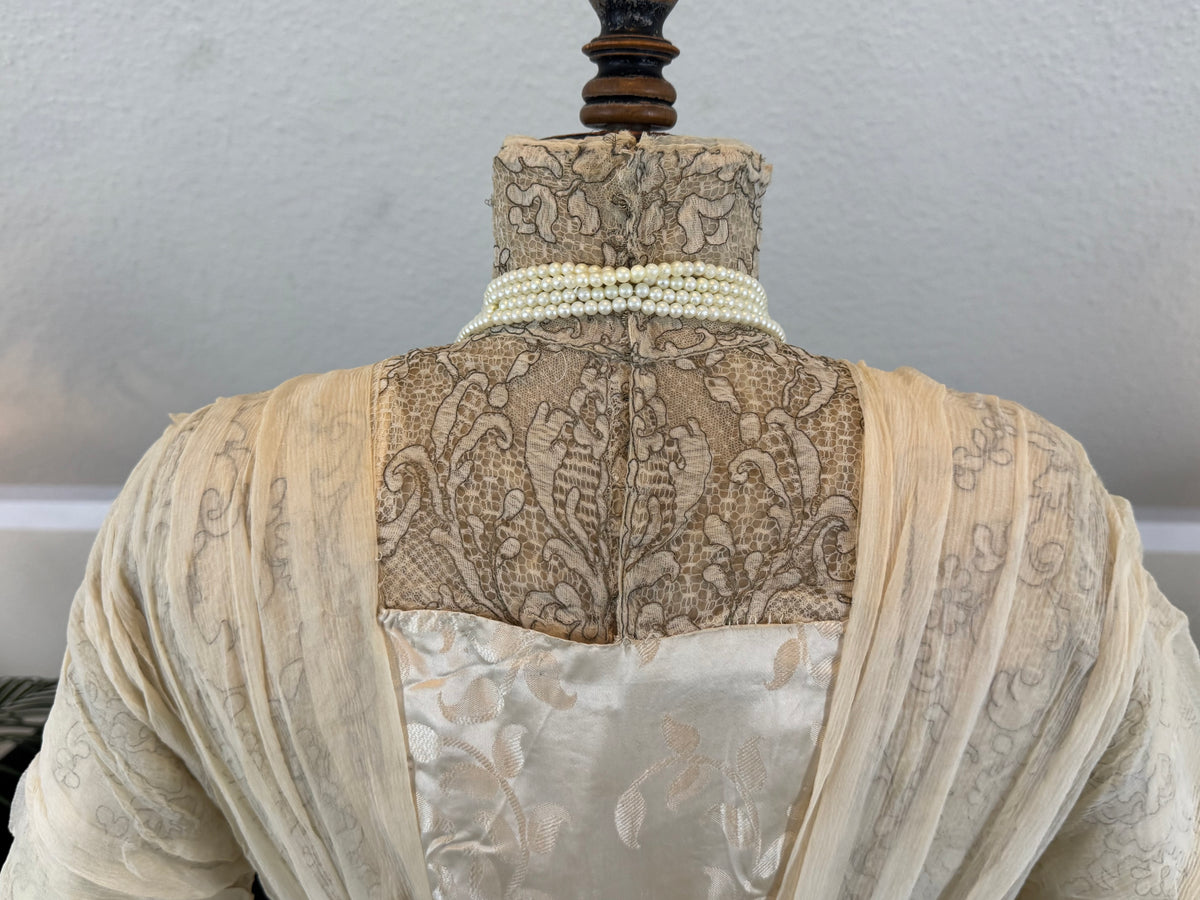 Evening Dress 1912 – Cream Silk Brocade with Lace & Crepe Drapes by M. E. Humble, Court Dressmaker, Lady Gillman Provenance