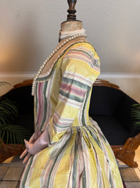 silk taffeta robe à l’anglaise with pink and green stripes, 1770s fashion