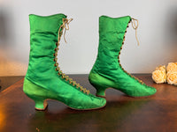 Victorian Green Silk Lace‑Up Boots, ca. 1875 – Low Heel, Brass Fasteners, Red Leather Lining