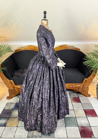 1847 Biedermeier visiting gown in brown silk with wide pagoda sleeves and fitted bodice, antique dress