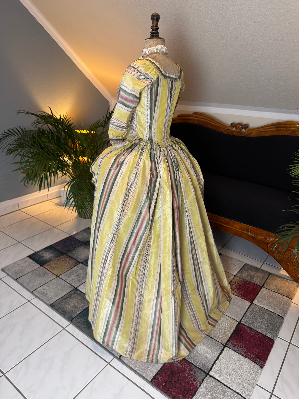 silk taffeta robe à l’anglaise with pink and green stripes, 1770s fashion