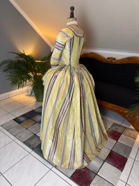 silk taffeta robe à l’anglaise with pink and green stripes, 1770s fashion