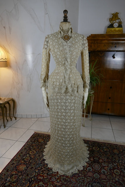 Late 1870s silk lace overdress with Bohemian glass beads and wide cuffs, antique Victorian gown