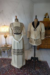 Edwardian linen walking ensemble, ca. 1906, two‑piece dress with jacket and decorative buttons, antique gown