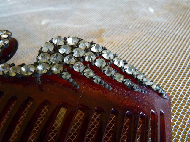 Antiker Kamm aus Kunstschildpatt und Strass, ca. 1905
