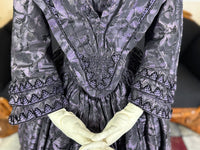 1847 Biedermeier visiting gown in brown silk with wide pagoda sleeves and fitted bodice, antique dress