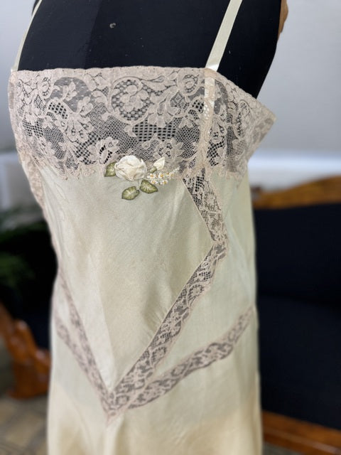 Marshall Field & Co. 1920s yellow silk chemise with ecru lace and rosette appliqué, antique lingerie.