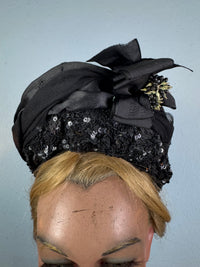 Victorian bonnet ca. 1880 with silk, sequins, fabric flowers, Paris label, chin bow, well preserved