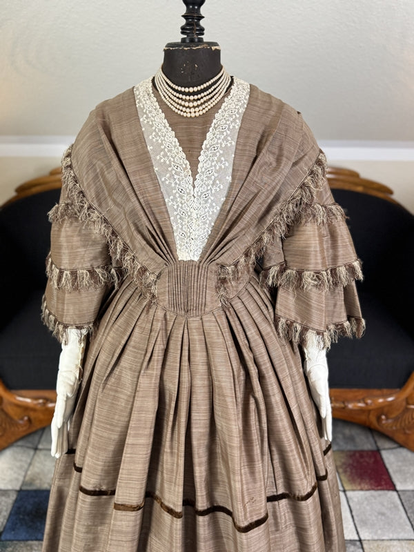 1850s brown striped silk governess dress with lace insert and tiered sleeves, antique Victorian gown