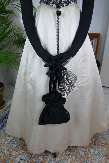 1893 evening dress — antique Victorian gown with silk bodice and lace trim
