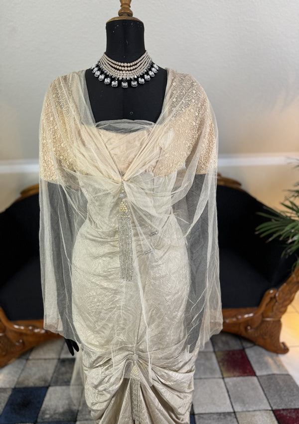 1912 Titanic‑era antique evening dress in ivory silk with lace bodice, draped skirt and rhinestone details, antique gown