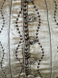 Cream silk embroidered Georgian waistcoat c.1770 from England with long‑line silhouette and floral detailing.