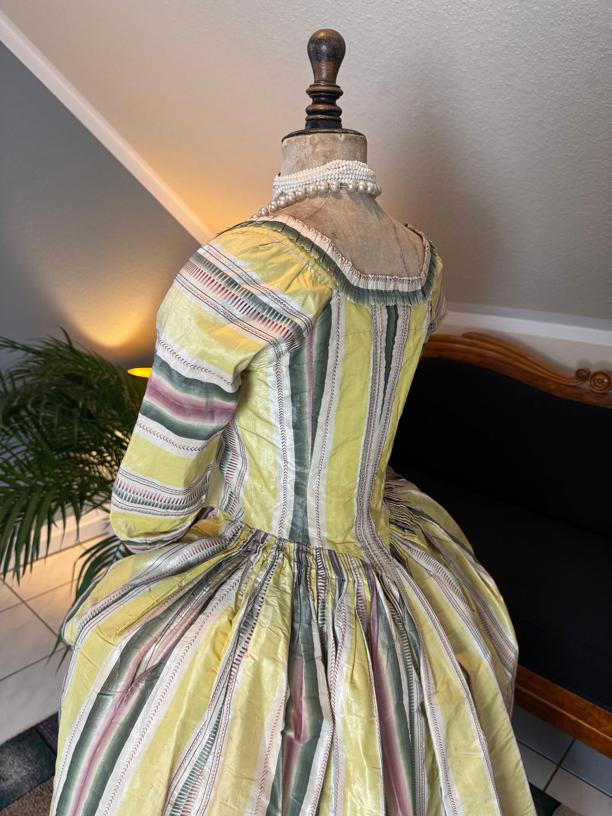 Yellow green pink striped silk taffeta robe à l’anglaise, early 1770s, England
