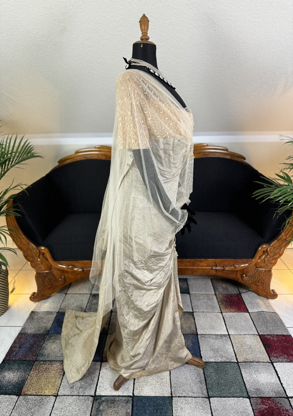 1912 Titanic‑era antique evening dress in ivory silk with lace bodice, draped skirt and rhinestone details, antique gown