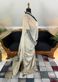 1912 Titanic‑era antique evening dress in ivory silk with lace bodice, draped skirt and rhinestone details, antique gown