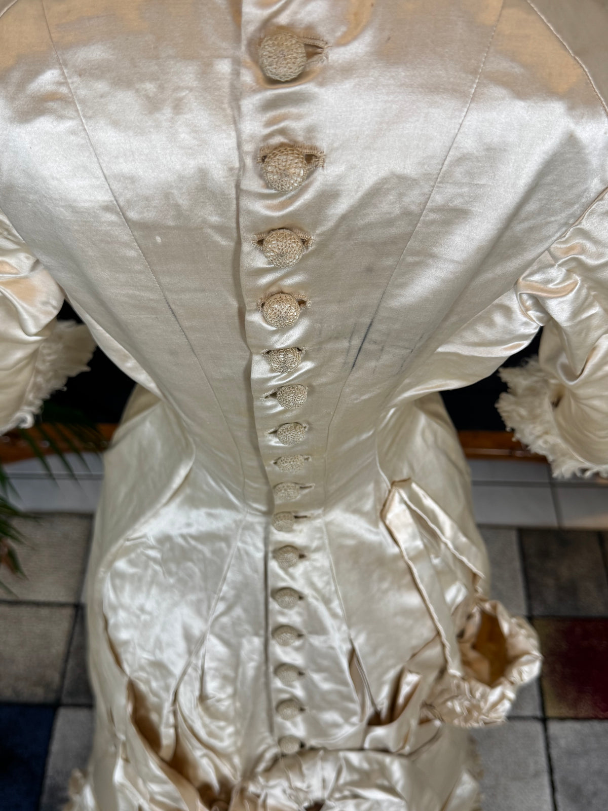 Antique Wedding Dress 1882 – Cream Satin Silk with Pleated Trims, Lace & Faux Pearls, Kate Rimer Provenance