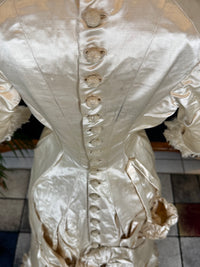 Antique Wedding Dress 1882 – Cream Satin Silk with Pleated Trims, Lace & Faux Pearls, Kate Rimer Provenance