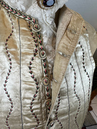 Cream silk embroidered Georgian waistcoat c.1770 from England with long‑line silhouette and floral detailing.