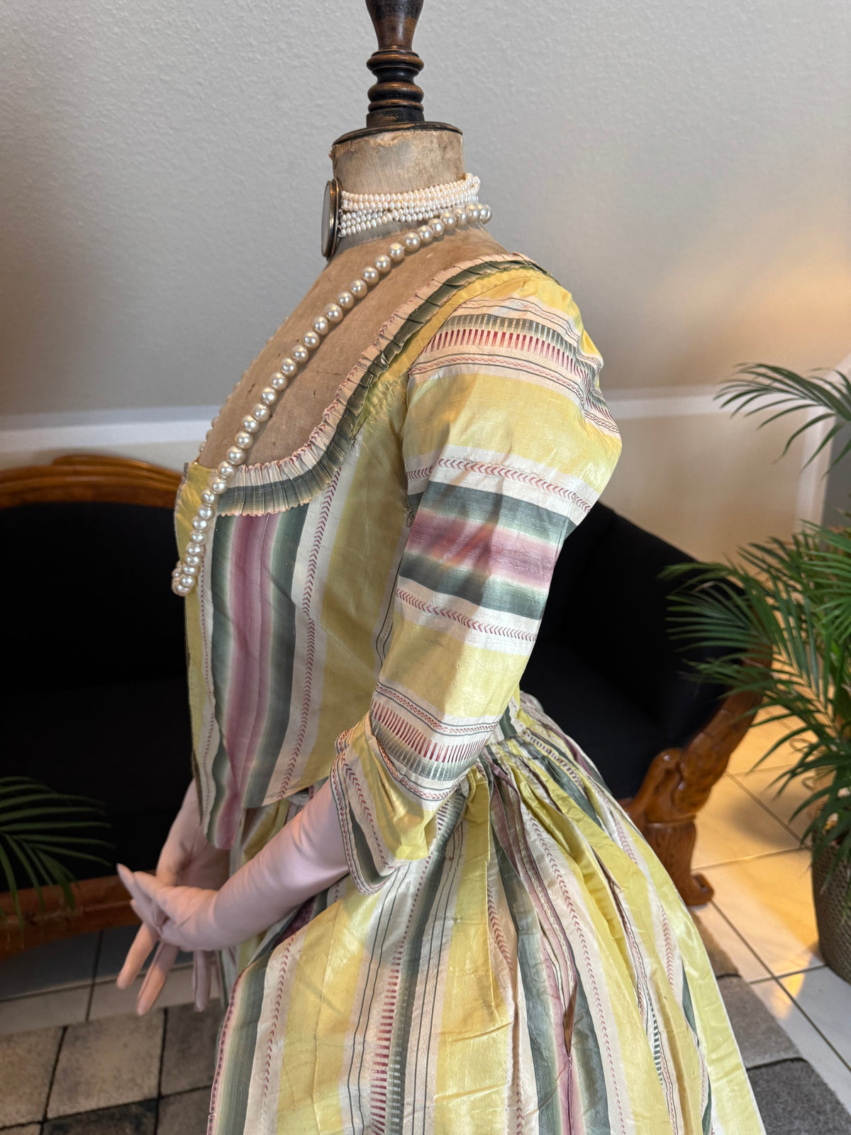 Yellow green pink striped silk taffeta robe à l’anglaise, early 1770s, England