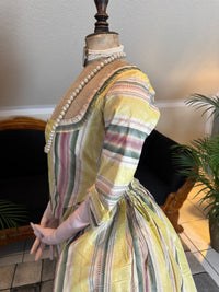 Yellow green pink striped silk taffeta robe à l’anglaise, early 1770s, England