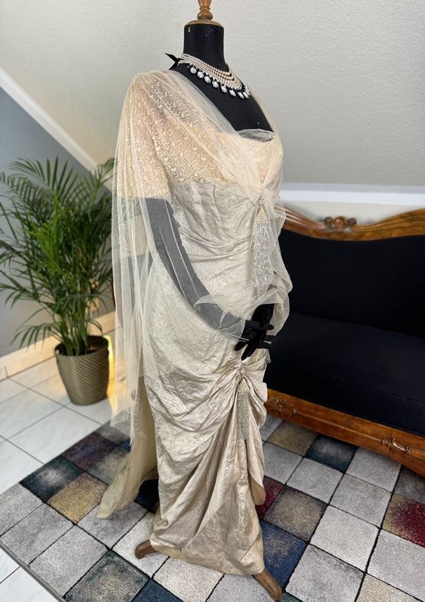 1912 Titanic‑era antique evening dress in ivory silk with lace bodice, draped skirt and rhinestone details, antique gown