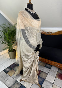 1912 Titanic‑era antique evening dress in ivory silk with lace bodice, draped skirt and rhinestone details, antique gown