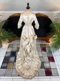 Antique 1882 cream satin silk wedding dress with pleated trims, lace, faux pearls and Kate Rimer provenance