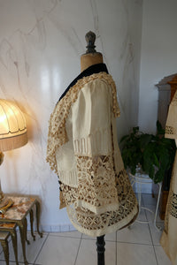 Edwardian linen walking ensemble, ca. 1906, two‑piece dress with jacket and decorative buttons, antique gown
