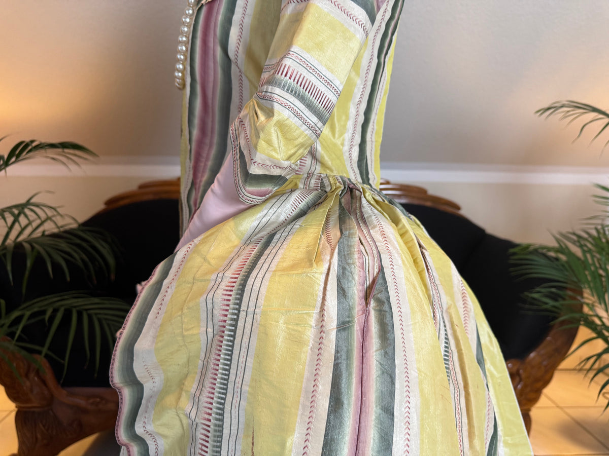 Yellow green pink striped silk taffeta robe à l’anglaise, early 1770s, England