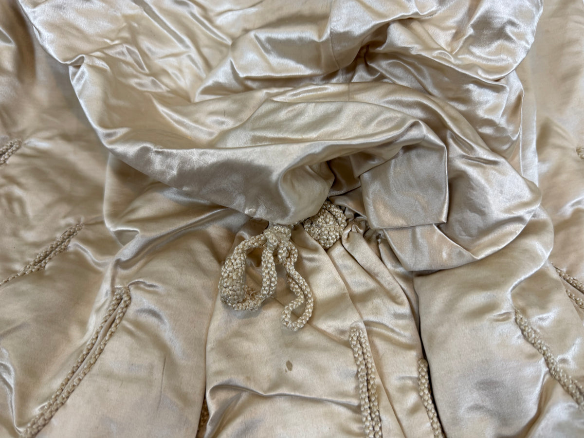 Antique 1882 cream satin silk wedding dress with pleated trims, lace, faux pearls and Kate Rimer provenance