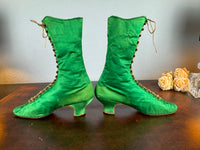 Victorian Green Silk Lace‑Up Boots, ca. 1875 – Low Heel, Brass Fasteners, Red Leather Lining