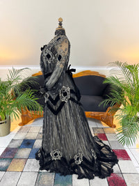 Antique Parisian evening gown with lace, tulle, velvet, rhinestones and beadwork, Marc Walter Place Vendôme label, Belle Époque couture designed for candlelight