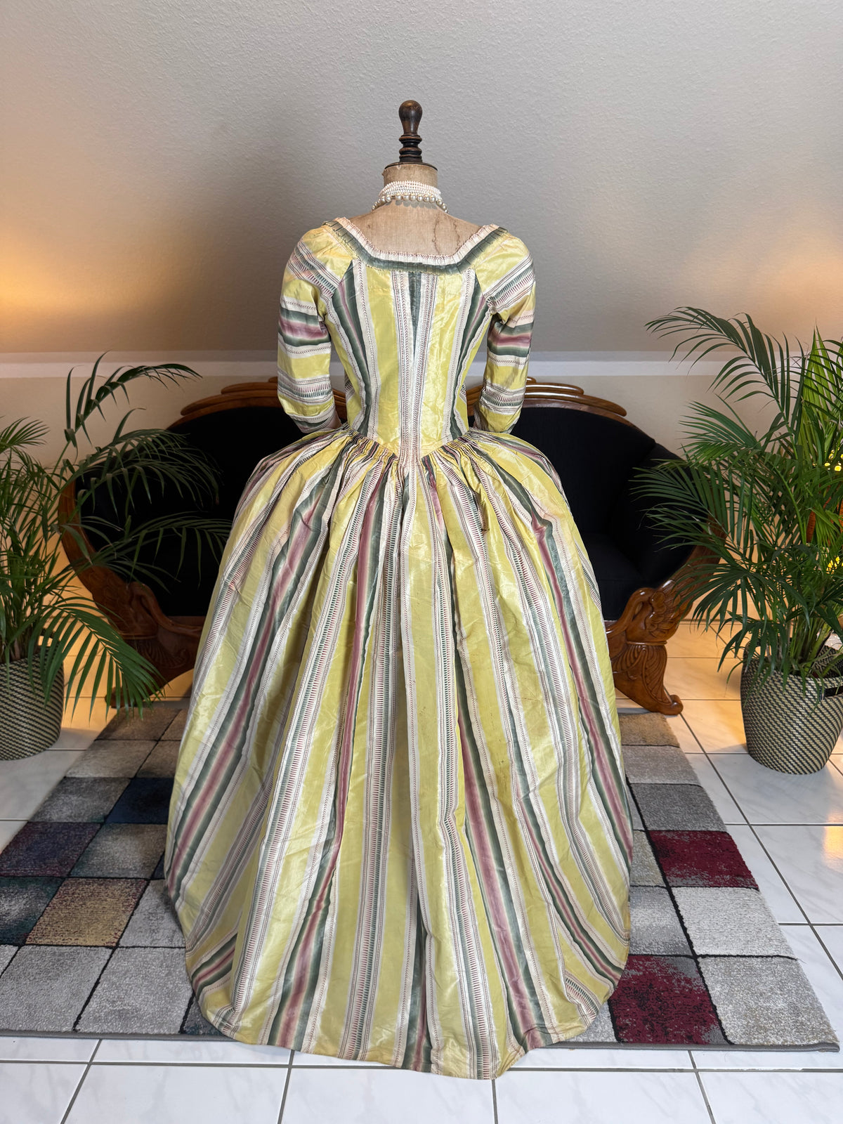 Yellow green pink striped silk taffeta robe à l’anglaise, early 1770s, England