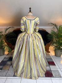 Yellow green pink striped silk taffeta robe à l’anglaise, early 1770s, England