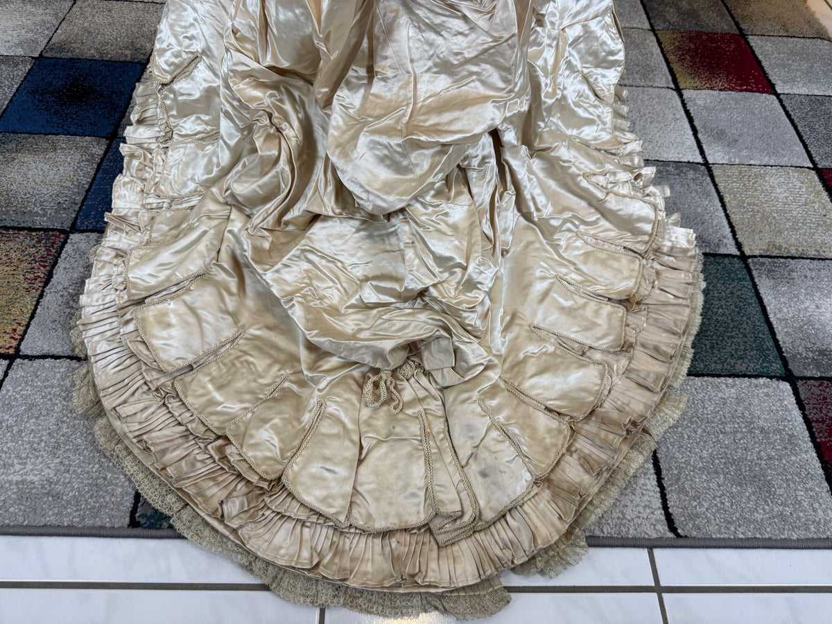 Antique 1882 cream satin silk wedding dress with pleated trims, lace, faux pearls and Kate Rimer provenance