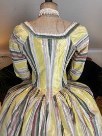 Yellow green pink striped silk taffeta robe à l’anglaise, early 1770s, England