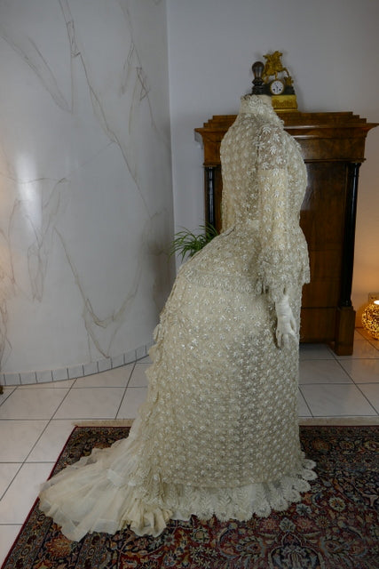 Late 1870s silk lace overdress with Bohemian glass beads and wide cuffs, antique Victorian gown