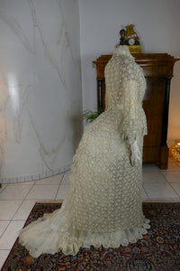 Late 1870s silk lace overdress with Bohemian glass beads and wide cuffs, antique Victorian gown