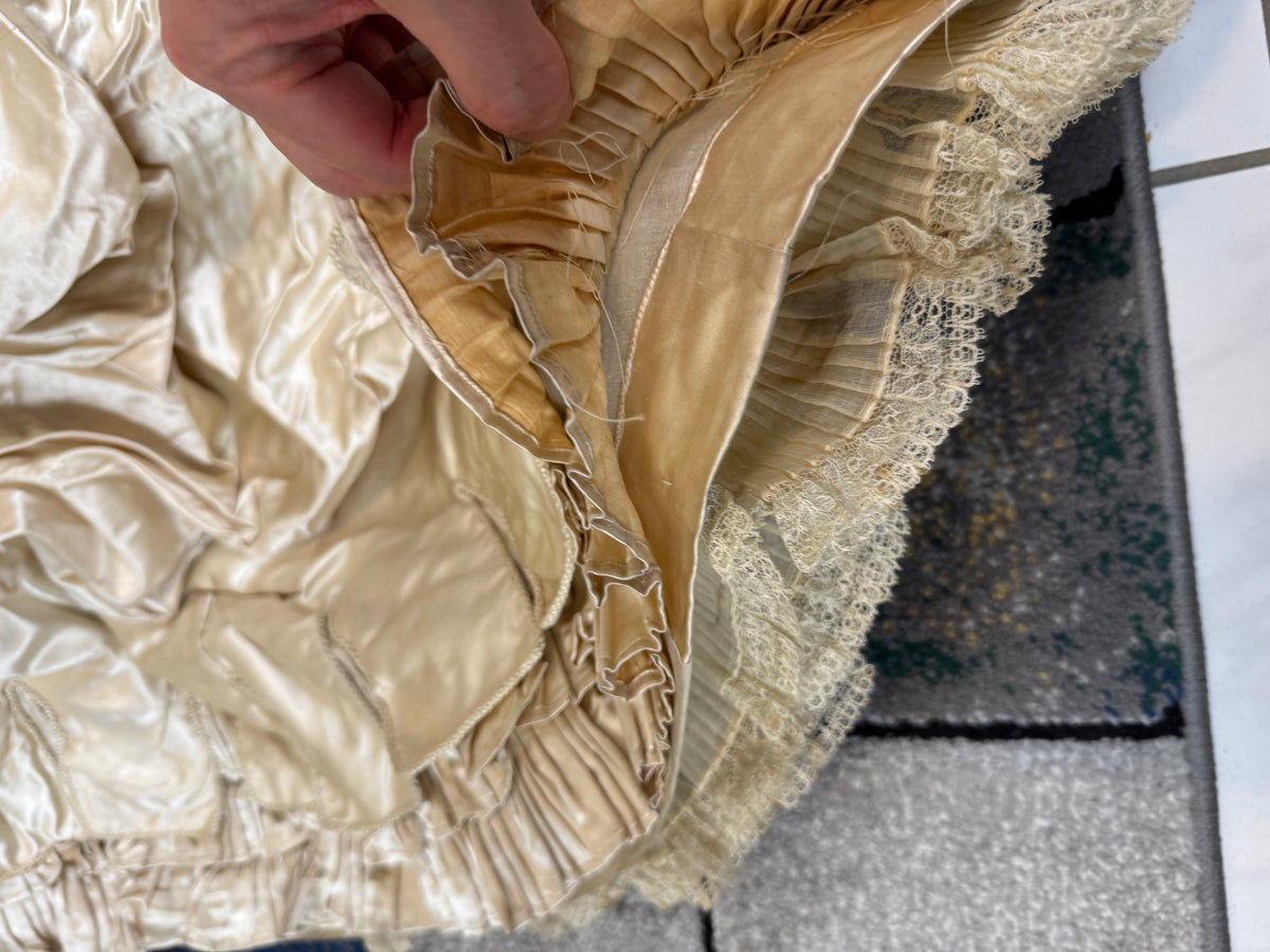 Antique Wedding Dress 1882 – Cream Satin Silk with Pleated Trims, Lace & Faux Pearls, Kate Rimer Provenance