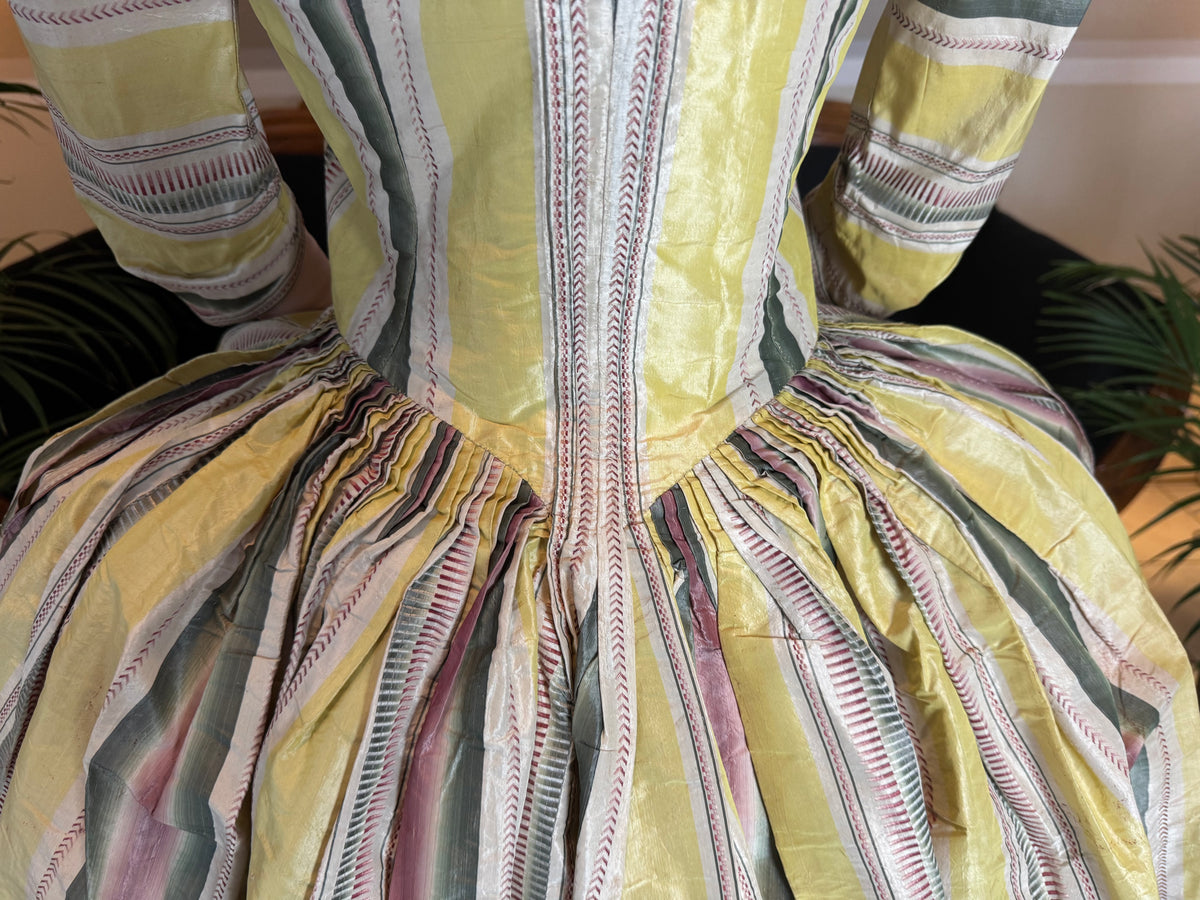 18th‑century striped silk gown, warp‑printed taffeta, robe à l’anglaise.