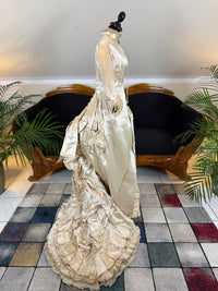 Antique 1882 cream satin silk wedding dress with pleated trims, lace, faux pearls and Kate Rimer provenance