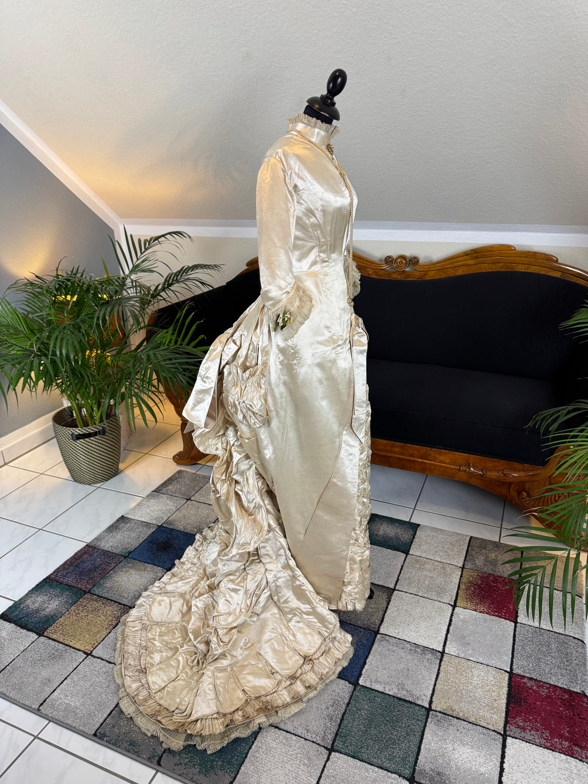 Antique 1882 cream satin silk wedding dress with pleated trims, lace, faux pearls and Kate Rimer provenance