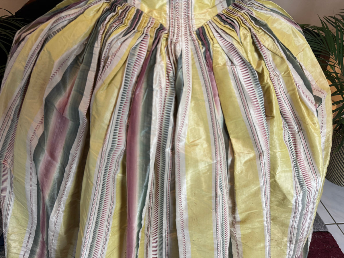 18th‑century striped silk gown, warp‑printed taffeta, robe à l’anglaise.